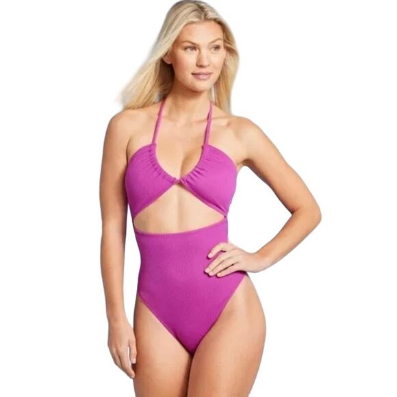 SHADE & SHORE Women's Ribbed Halter Cut-Out One Piece Swimsuit Sz M - Picture 1 of 7